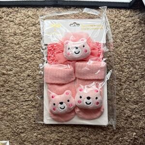 Baby Socks with Head Wrap Set for Newborn 0-12 Months Baby Girl Pink 1 Pair Set
